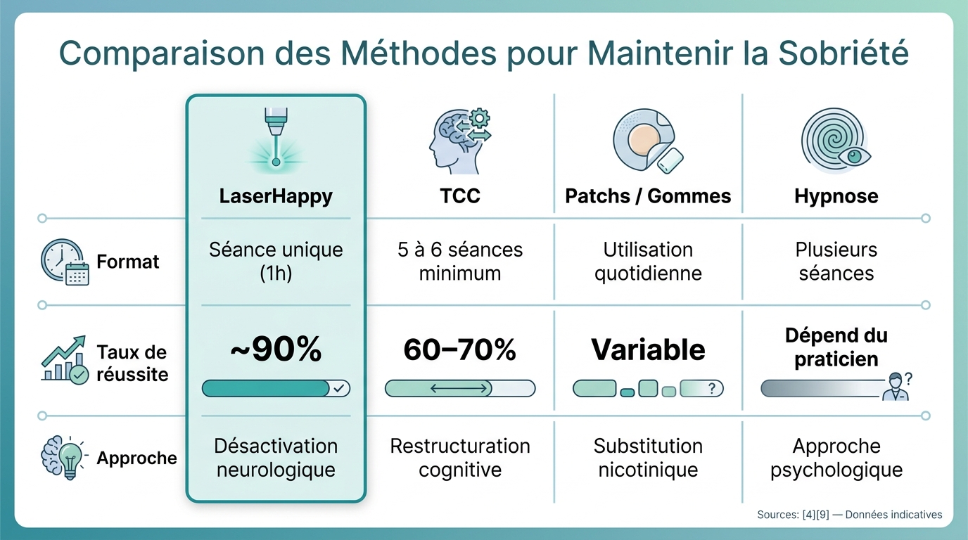 Comparaison des Méthodes de Sevrage : LaserHappy vs TCC vs Patchs vs Hypnose