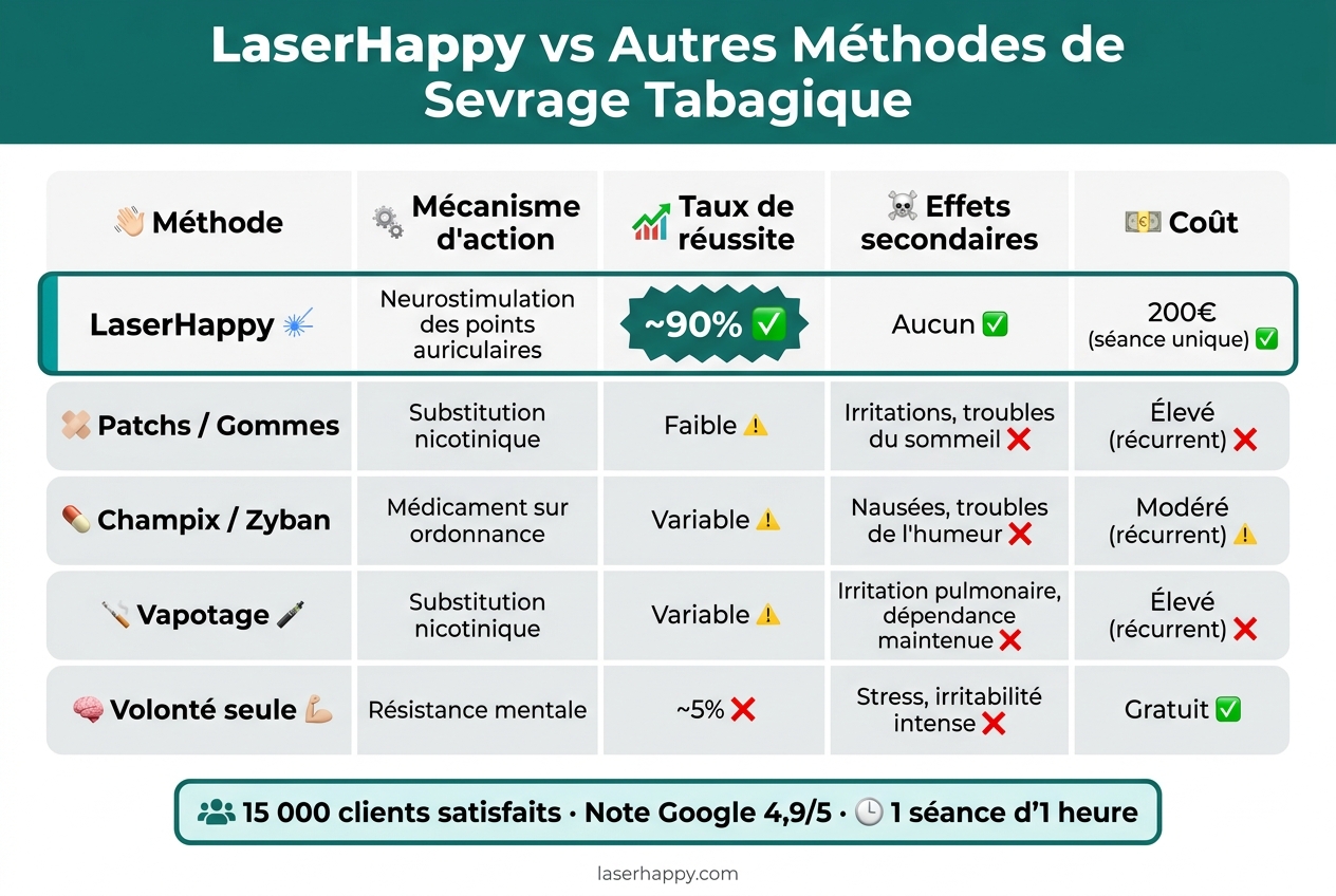 LaserHappy vs Autres Méthodes de Sevrage Tabagique