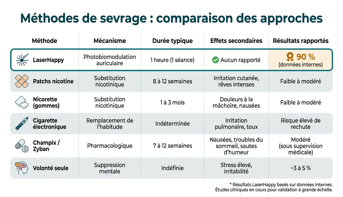 Méthodes de sevrage comparées : LaserHappy vs alternatives