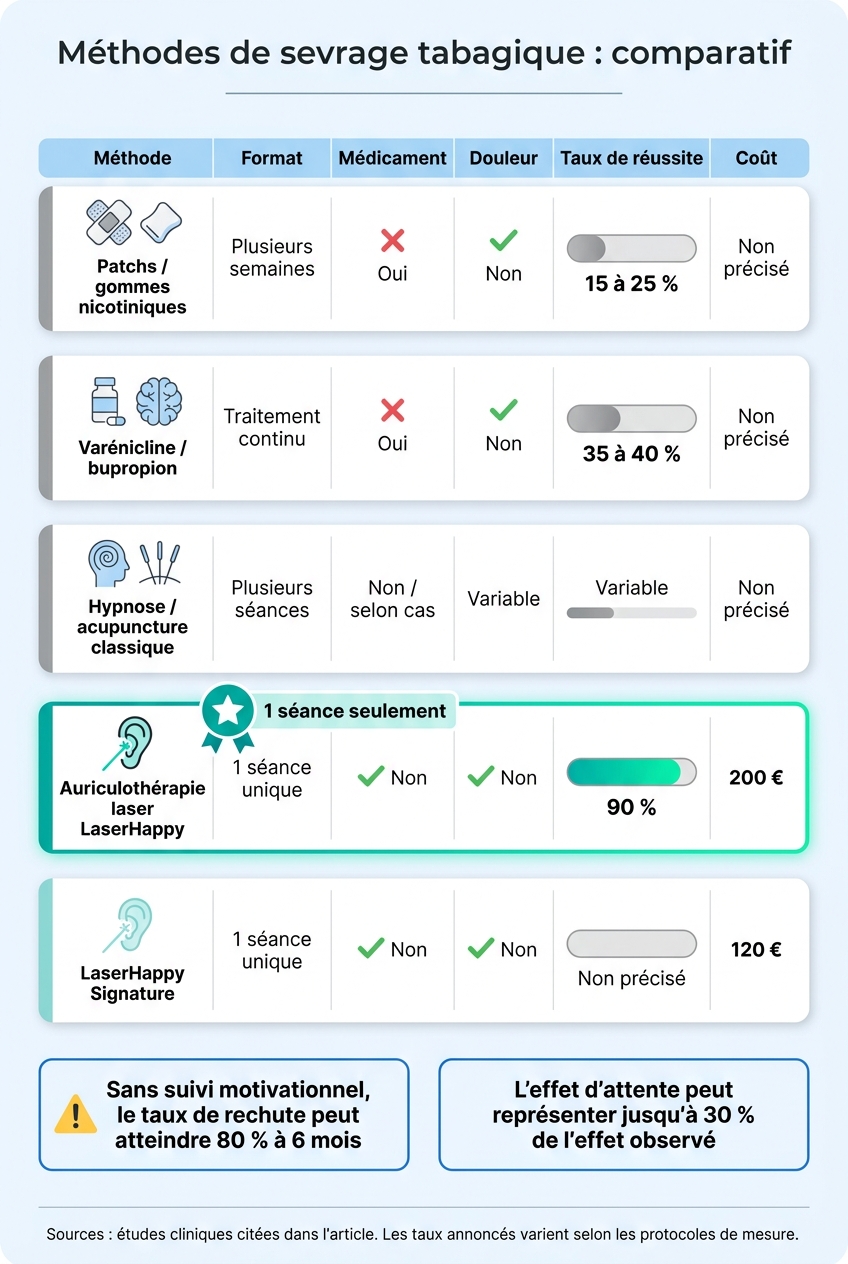 Méthodes de sevrage tabagique : comparatif taux de réussite, coût et format