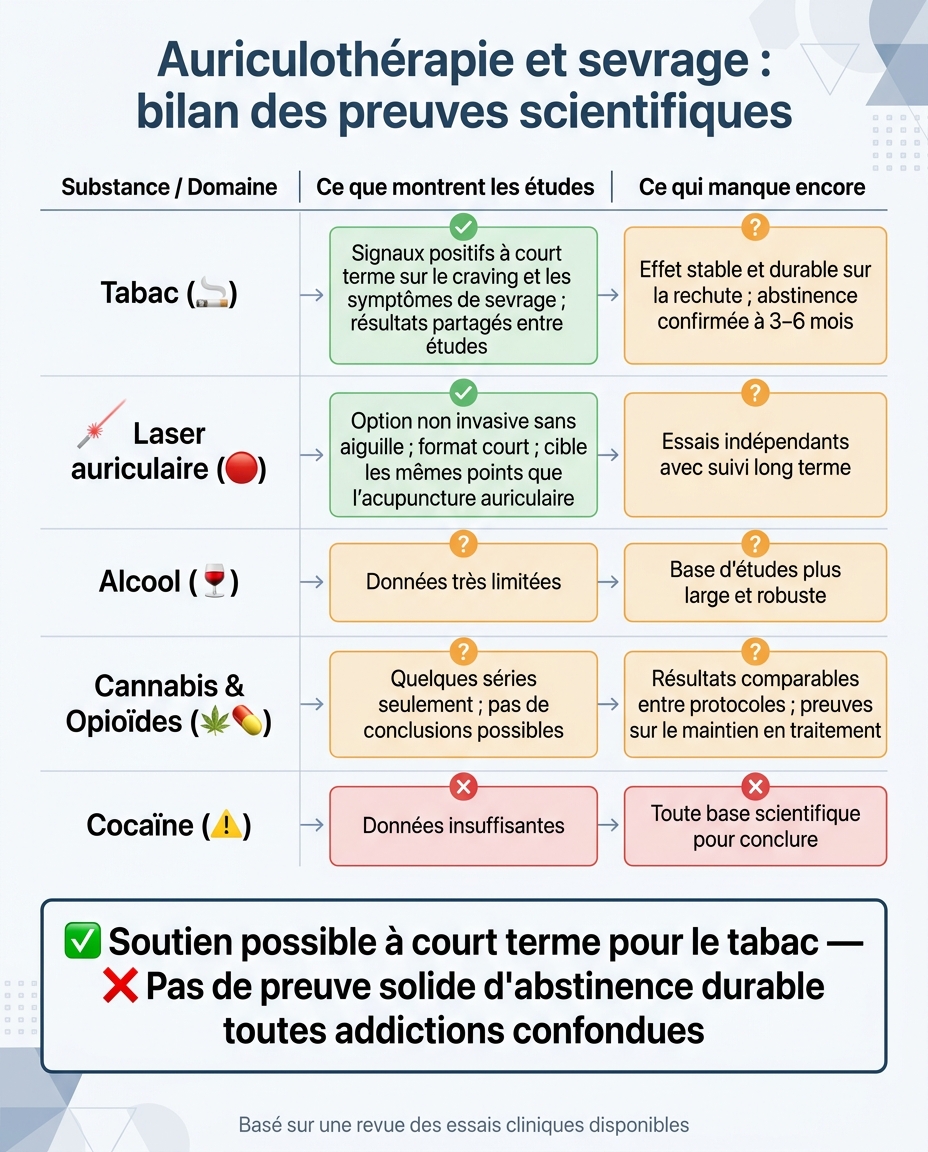 Auriculothérapie et sevrage : ce que montrent les études par addiction