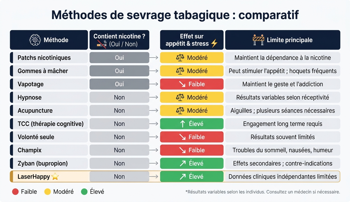 Méthodes de sevrage tabagique : comparatif complet (manque, appétit, stress)