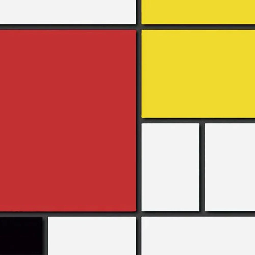 Mondrian-inspired geometric composition with red, yellow, blue and white fields.