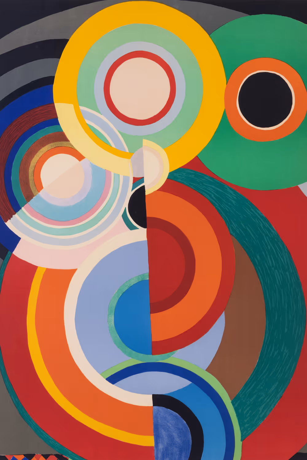 Colourful Sonia Delaunay composition with circles and abstract forms.