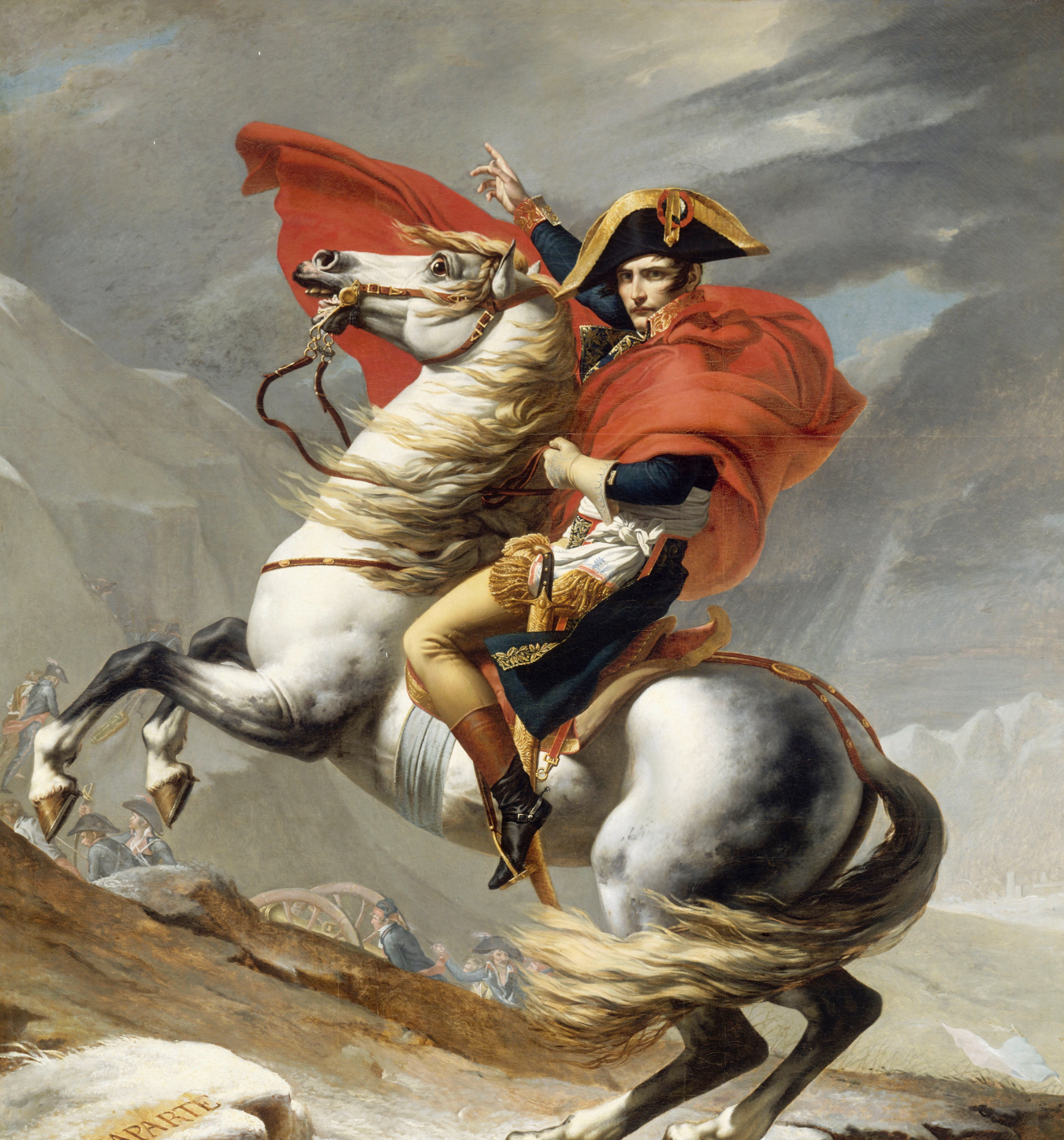 Painting of Napoleon Bonaparte crossing the Alps on horseback.