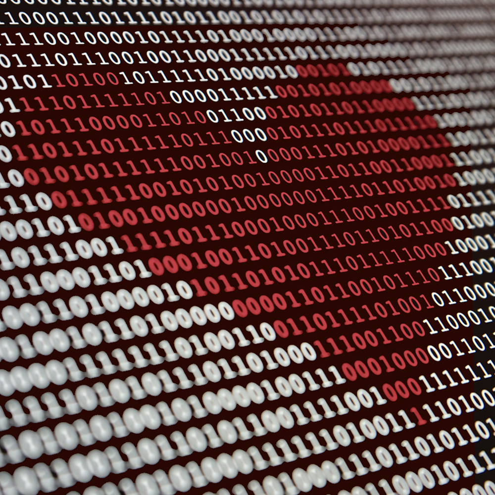 Abstract red-and-white binary data illustration.