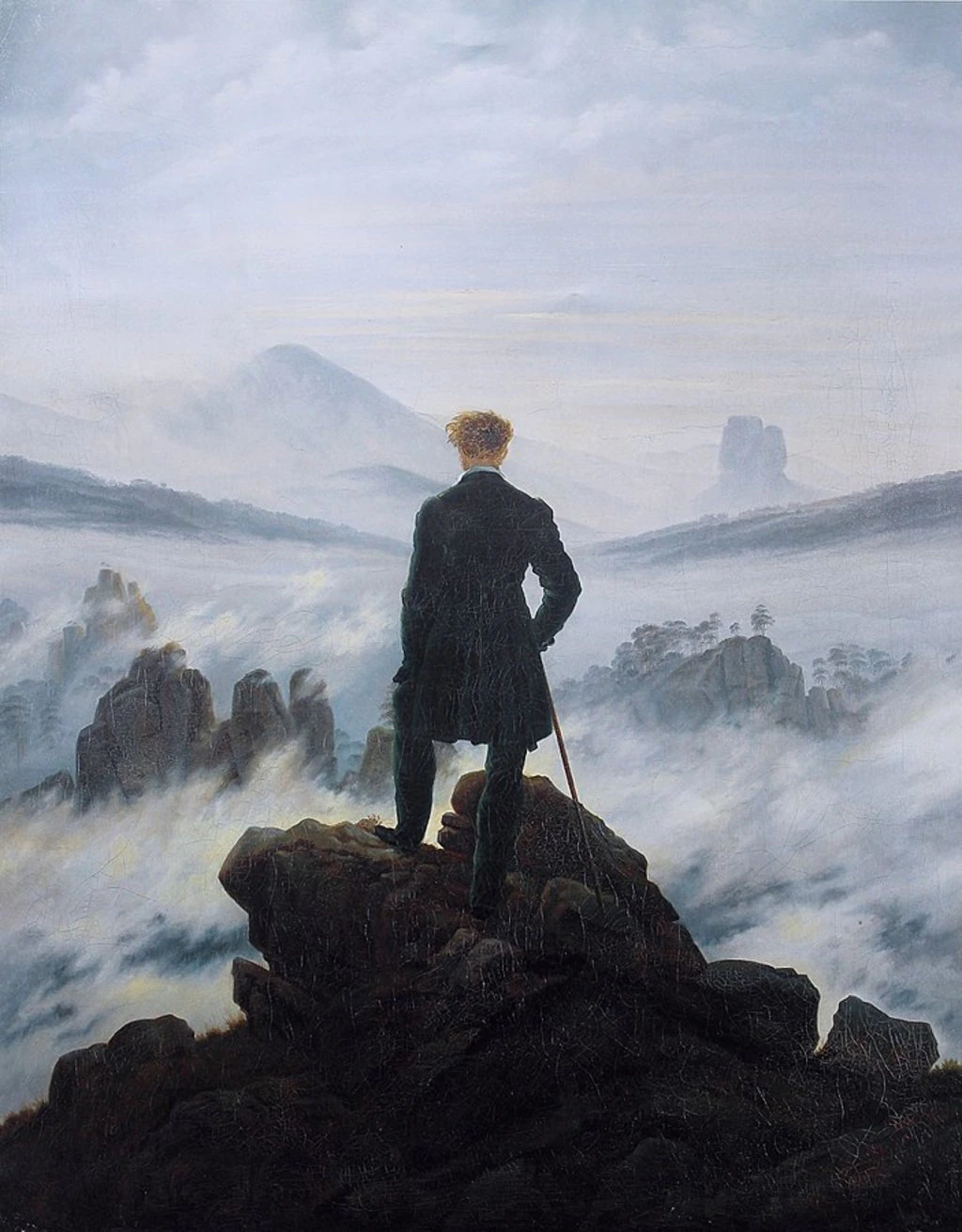 Painting of a traveller overlooking a sea of clouds from a rocky summit.