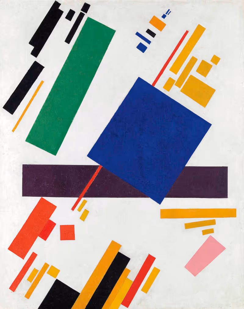 Suprematist composition with colourful geometric forms on a light background.