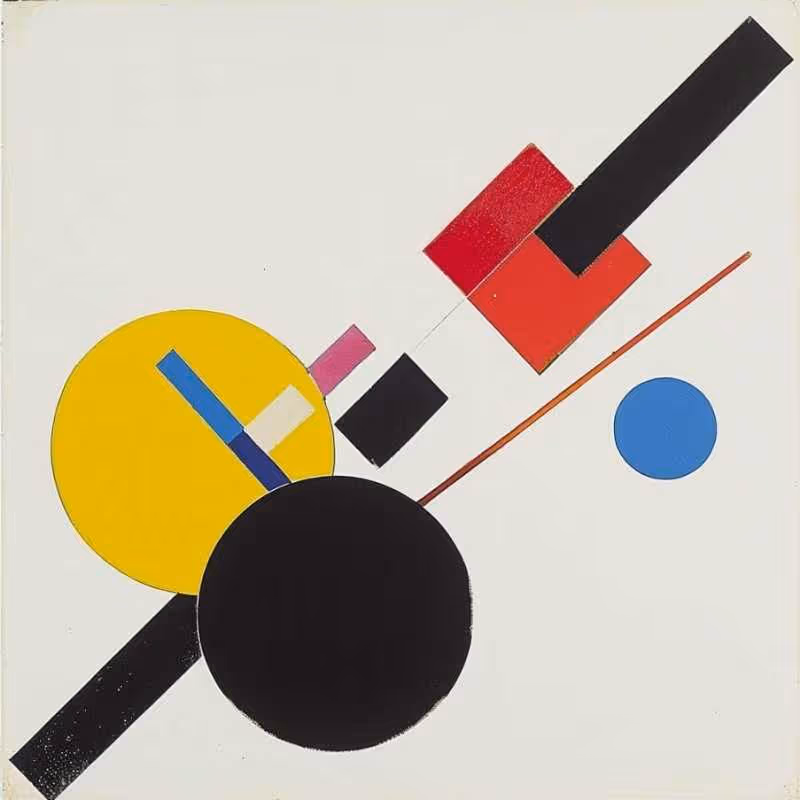 Suprematist composition by Malevich with black, red and yellow geometric forms.