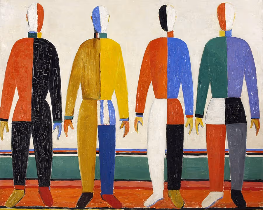 Malevich artwork depicting four stylised figures in colourful clothing.