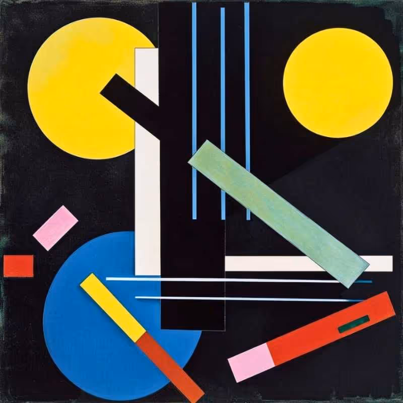 Abstract Malevich composition with yellow circles and colourful geometric forms.