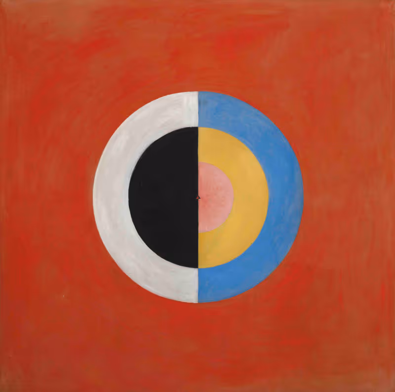 Abstract Paul Klee artwork with a central circle on a red background.