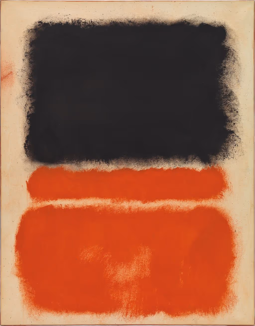 Abstract Rothko painting with black and burnt-orange rectangles.