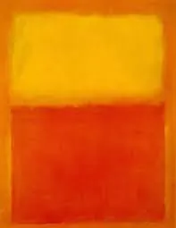 Abstract Rothko painting with broad fields of yellow and orange.