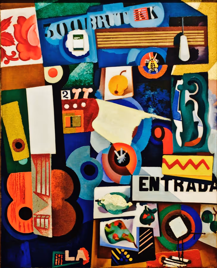 Colourful Amadeo de Souza-Cardoso artwork with overlapping forms and lettering.
