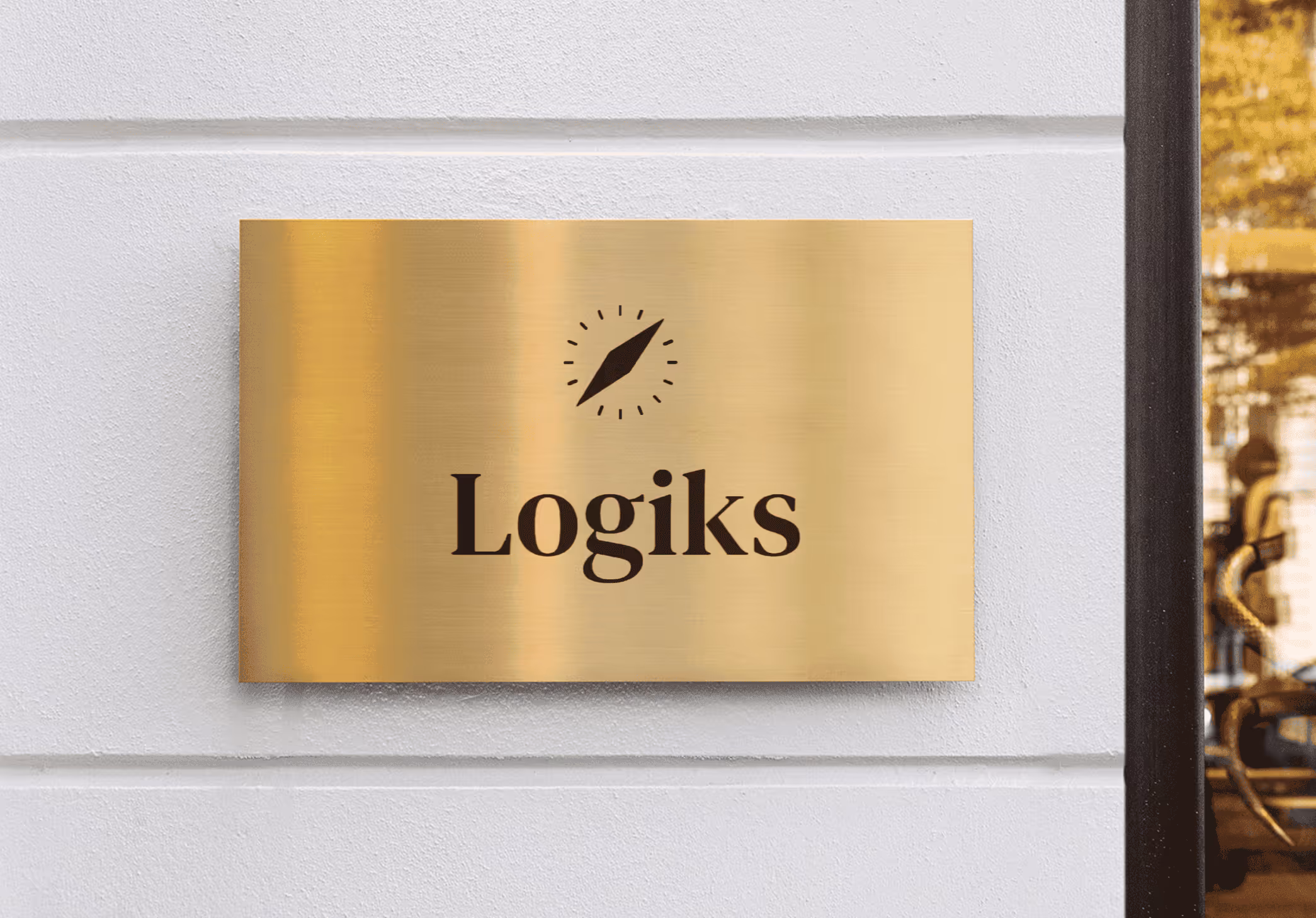 Gold plaque with a compass and the Logiks name on a white wall.