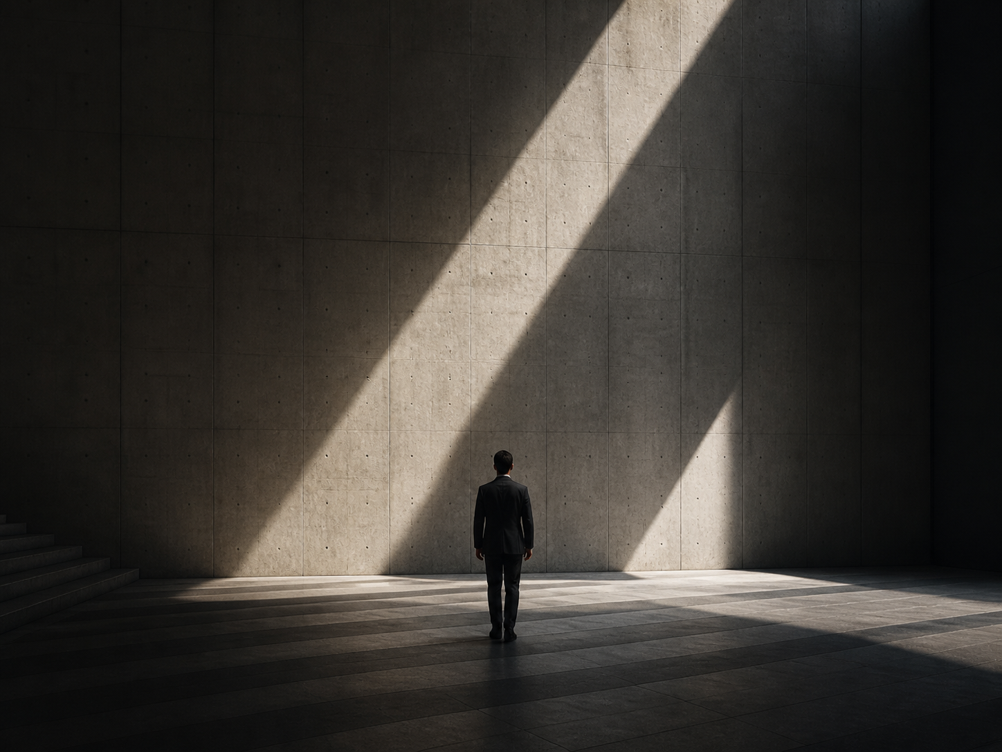 Professional in a vast concrete space crossed by beams of light