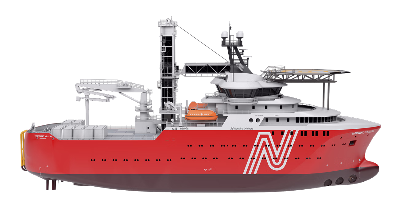 Side view of a red and white offshore service vessel with a helipad and lifeboat.