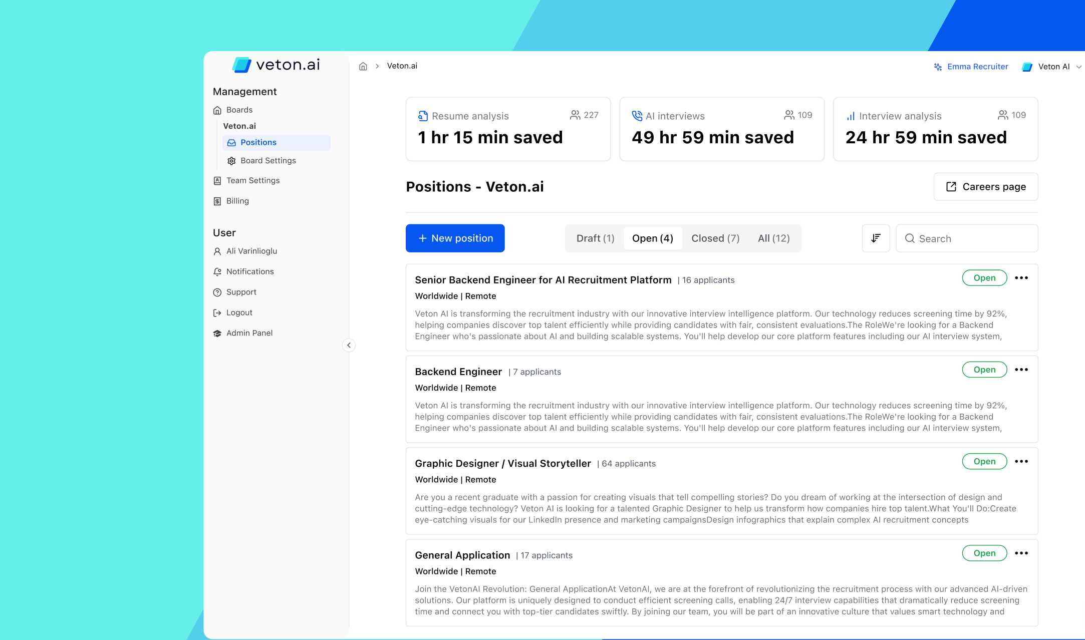 An online meeting room showing a personalized AI interview example between AI and candidate while the candidate's camera is open. The meeting room has the position and company name, time since the interview started, microphone, camera, finish interview, and settings buttons.