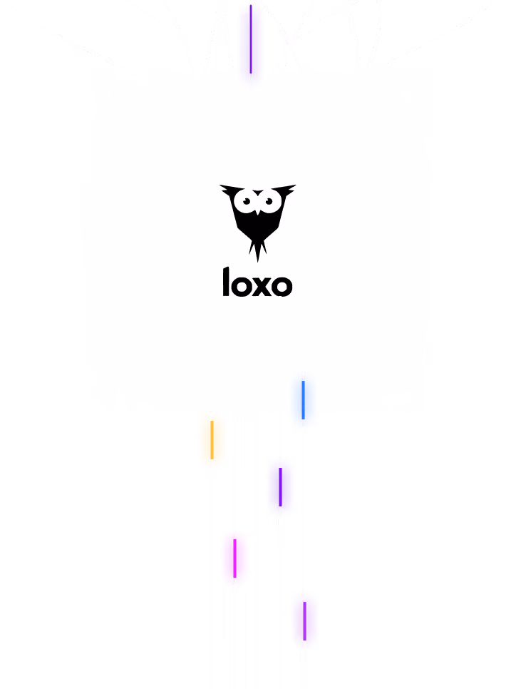 Logo featuring a stylized black owl with the word 'loxO' beneath it, surrounded by vertical colored bars in purple, blue, and orange.