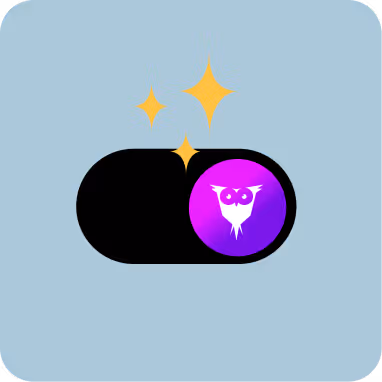 Toggle switch activated with a purple circle featuring a white stylized owl icon and three yellow sparkles above.