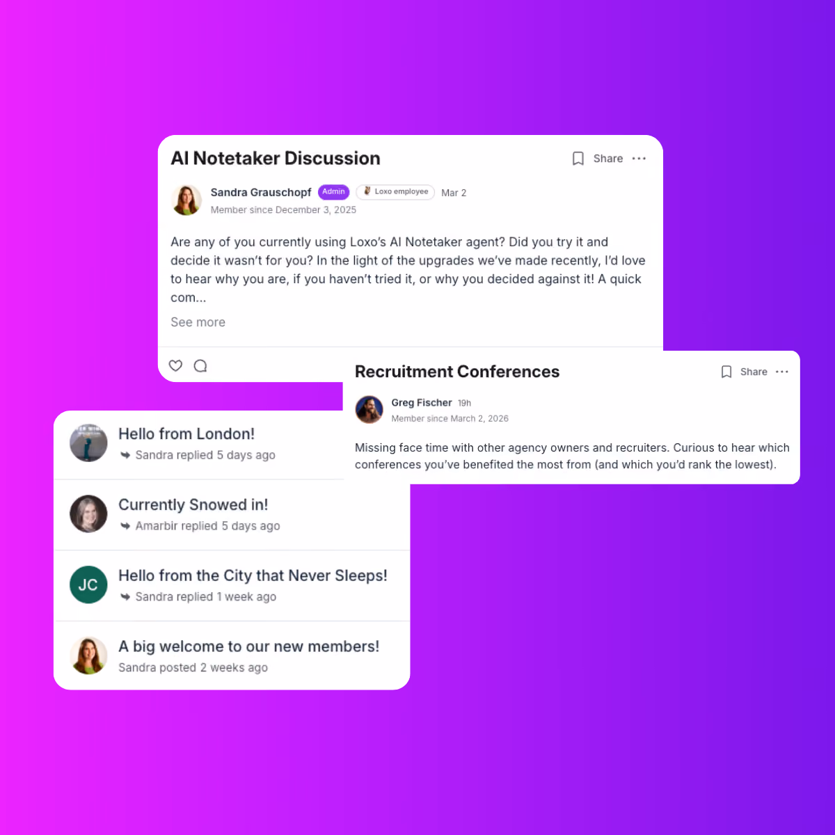 Screenshots of real conversations from the Loxo Community