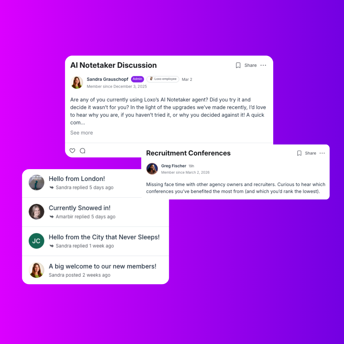 Screenshots of real conversations from the Loxo Community