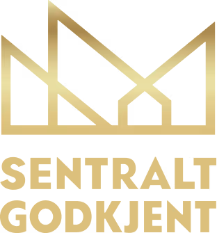 Sentralt Godkjent logo med geometrisk krone i gull over teksten.