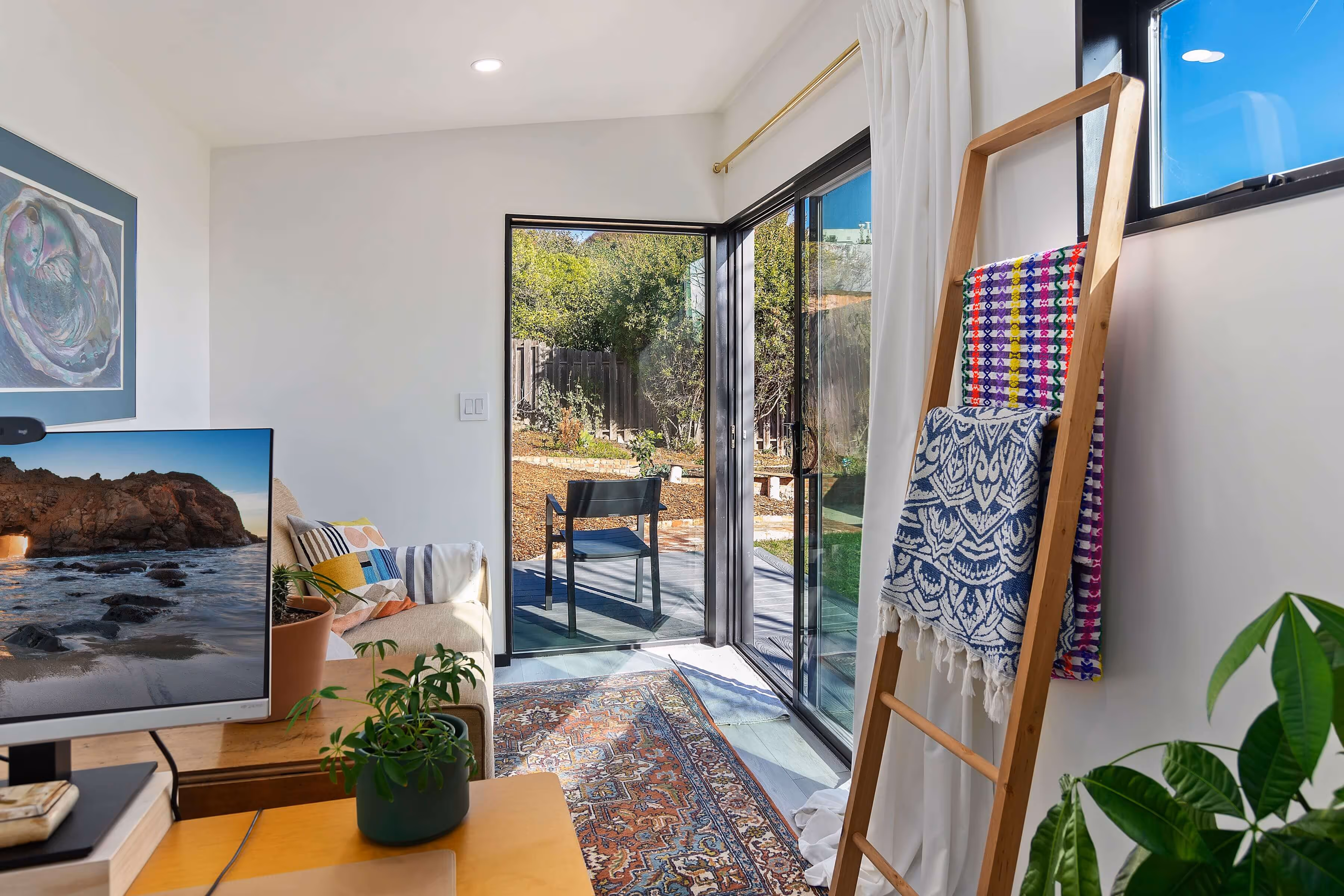 View from an art studio inside a prefab shed.