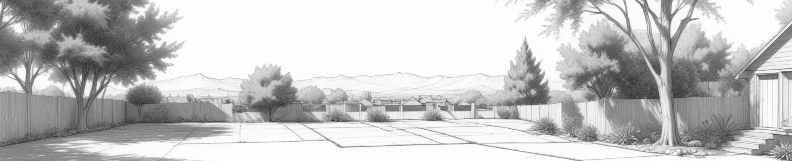 Wide black and white sketch of a large backyard with trees, bushes, a fence, and distant mountains under a bright sky.