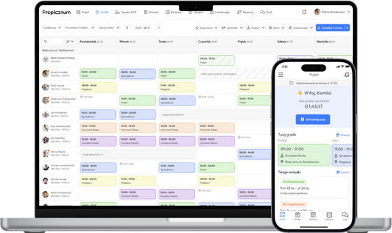 Widok grafiku pracy w aplikacji Proplanum w wersji dektopowej (przeglądarkowej) i mobilnej