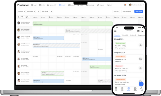 Widok wniosków urlopowych w aplikacji Proplanum w wersji dektopowej (przeglądarkowej) i mobilnej