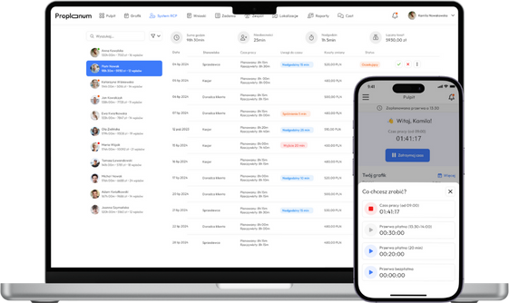 Widok rejestracji czasu pracy w aplikacji Proplanum w wersji dektopowej (przeglądarkowej) i mobilnej