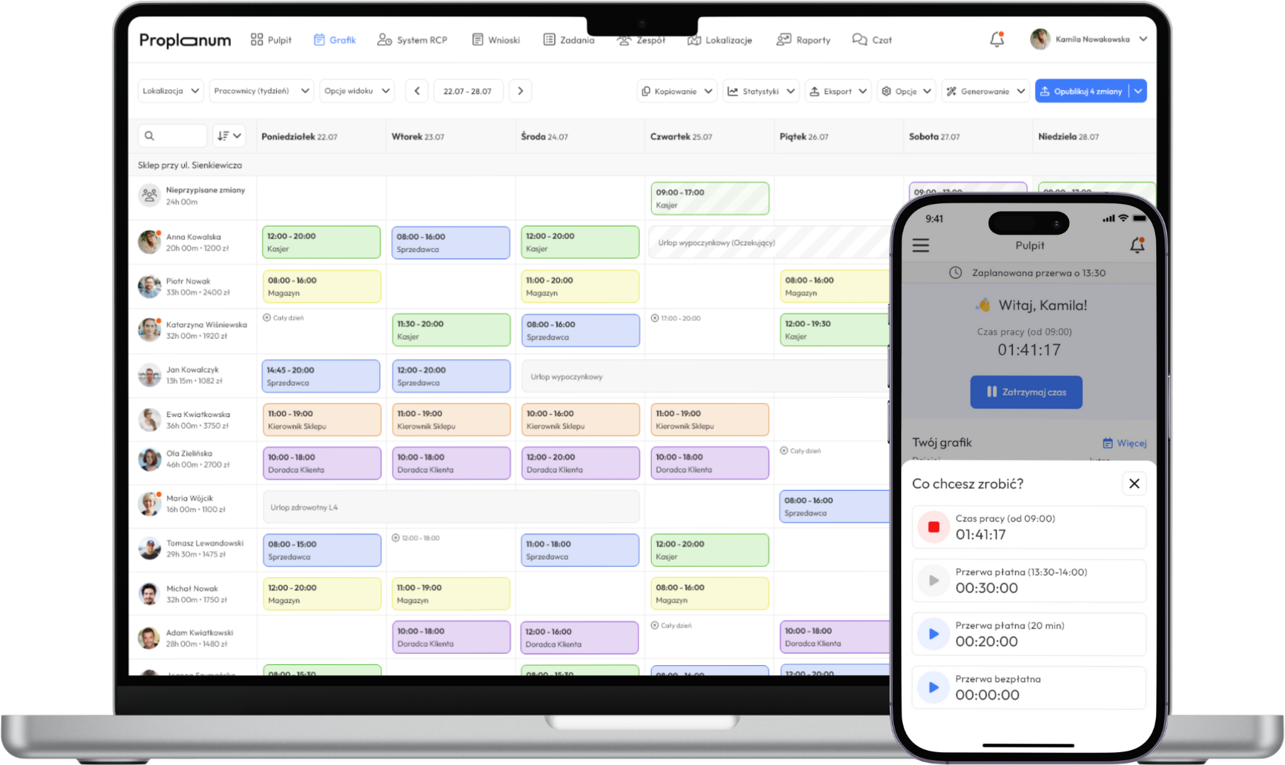Widok aplikacji Proplanum - grafik pracy w wersji przeglądarkowej (webowej) i rejestracja czasu pracy w aplikacji mobilnej