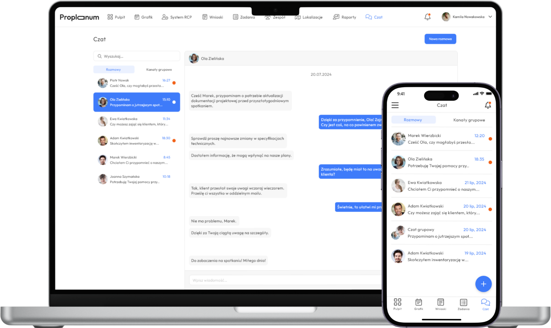 Widok czatu firmowego w aplikacji Proplanum w wersji przeglądarkowej (webowej) i aplikacji mobilnej