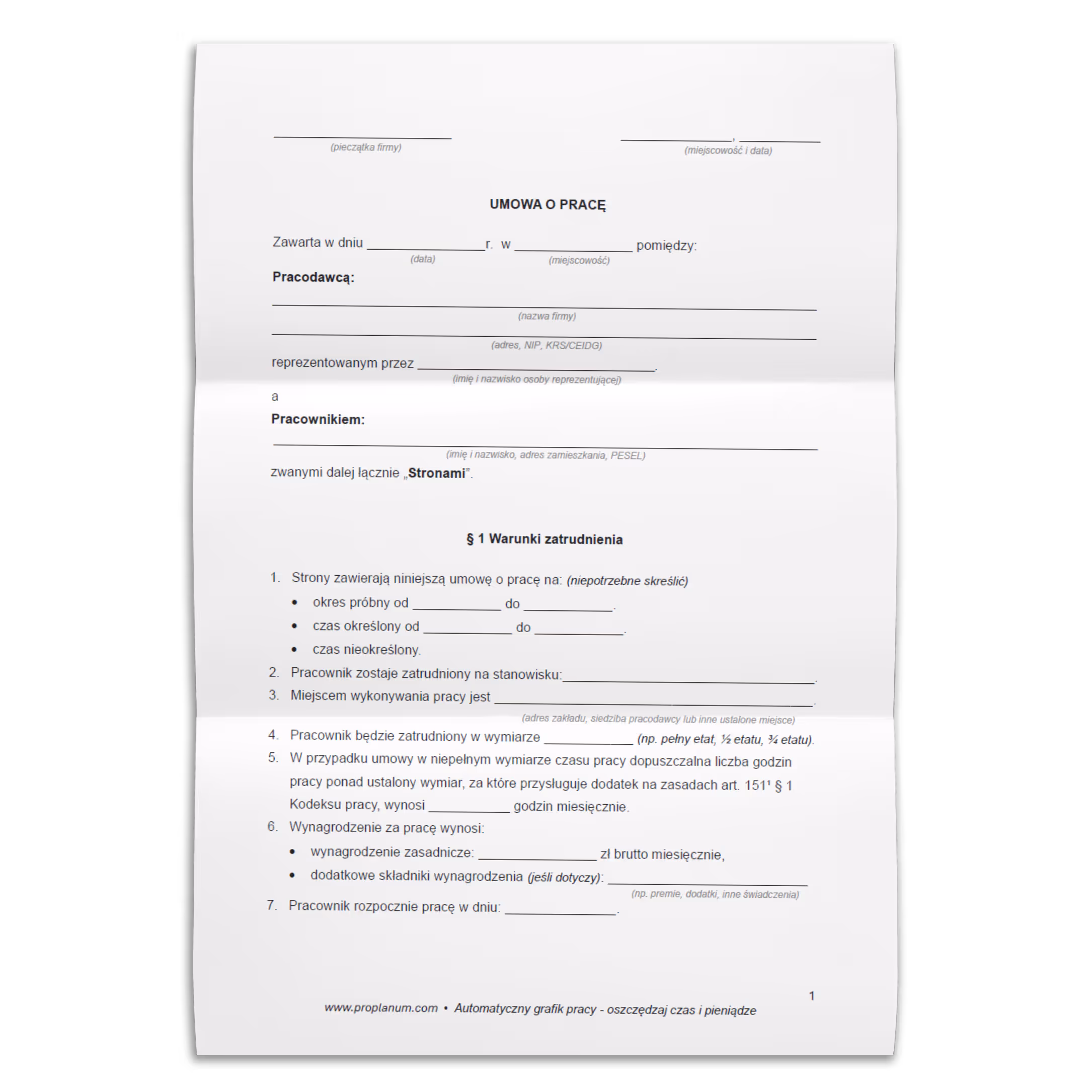 umowa o pracę wzór