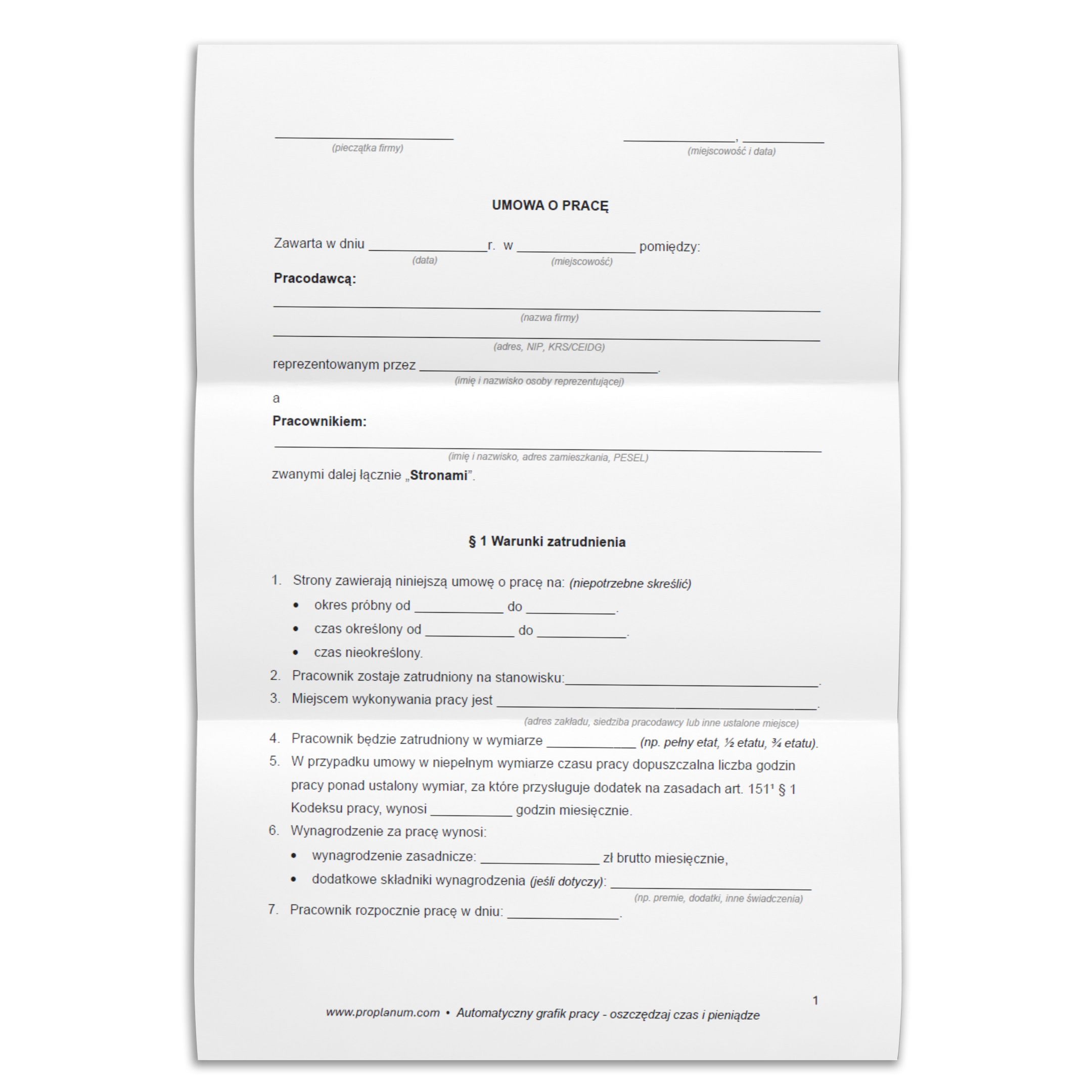 umowa o pracę wzór