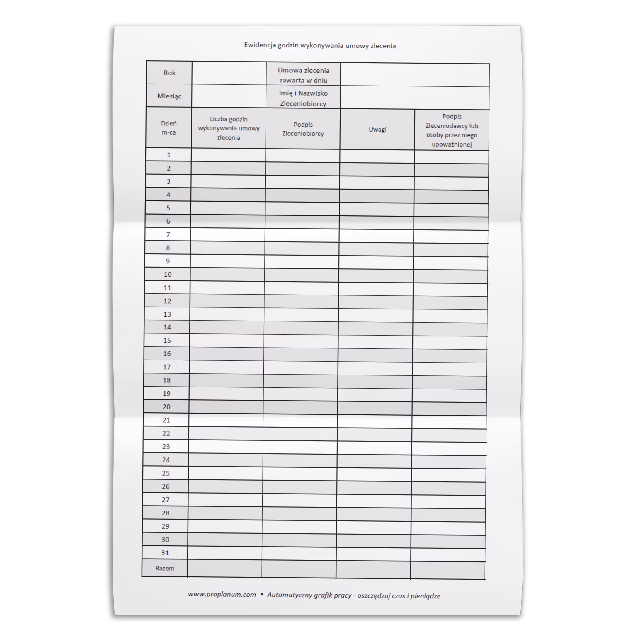 Ewidencja godzin wzór