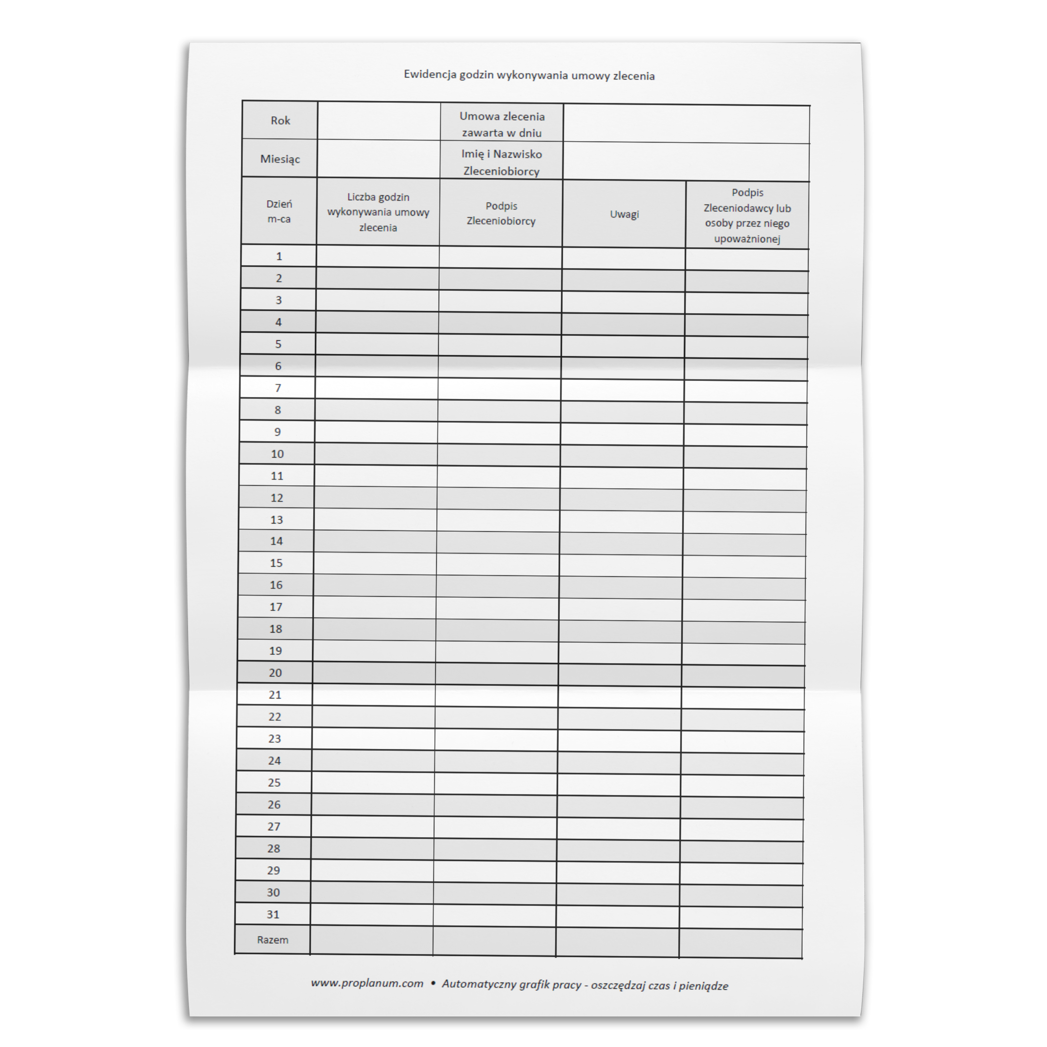 Ewidencja godzin wzór