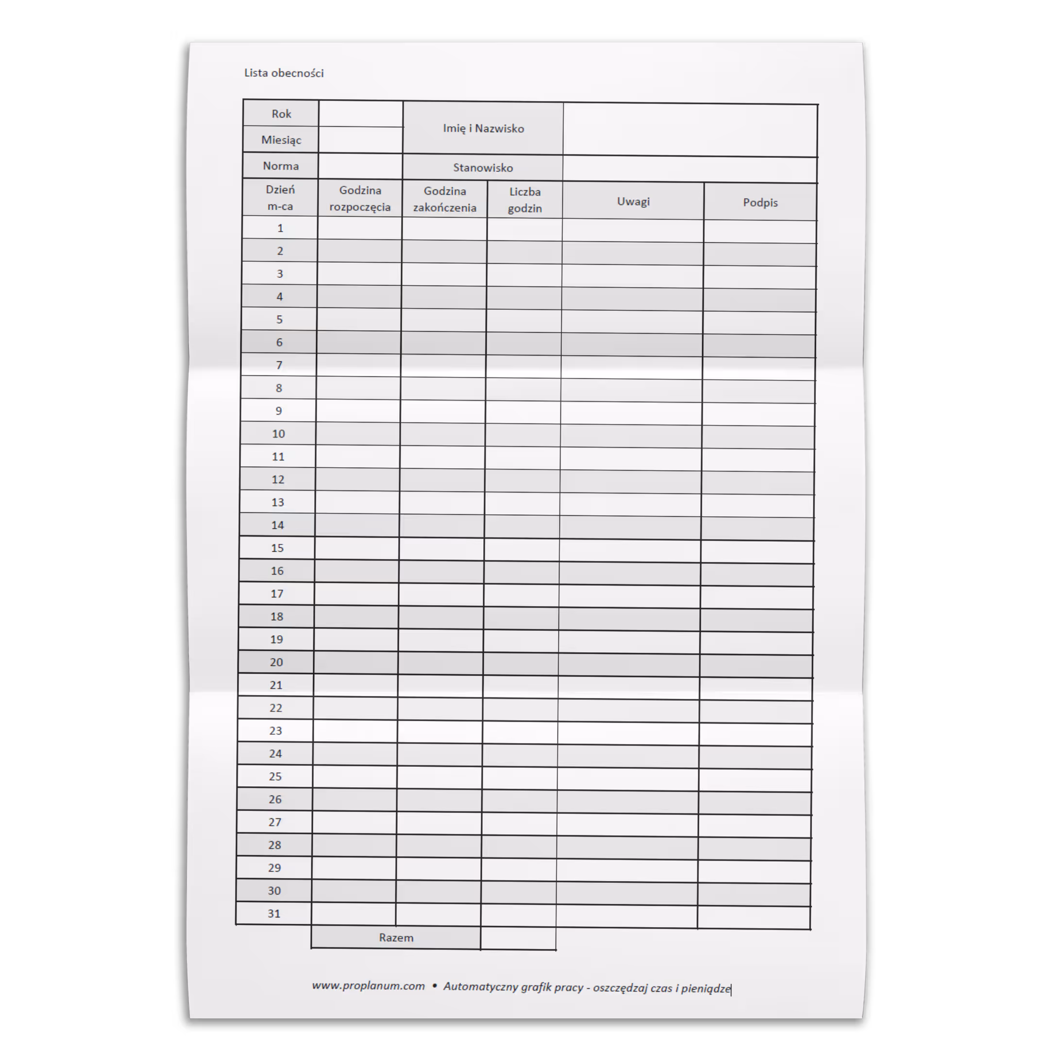lista godzin pracy - Proplanum