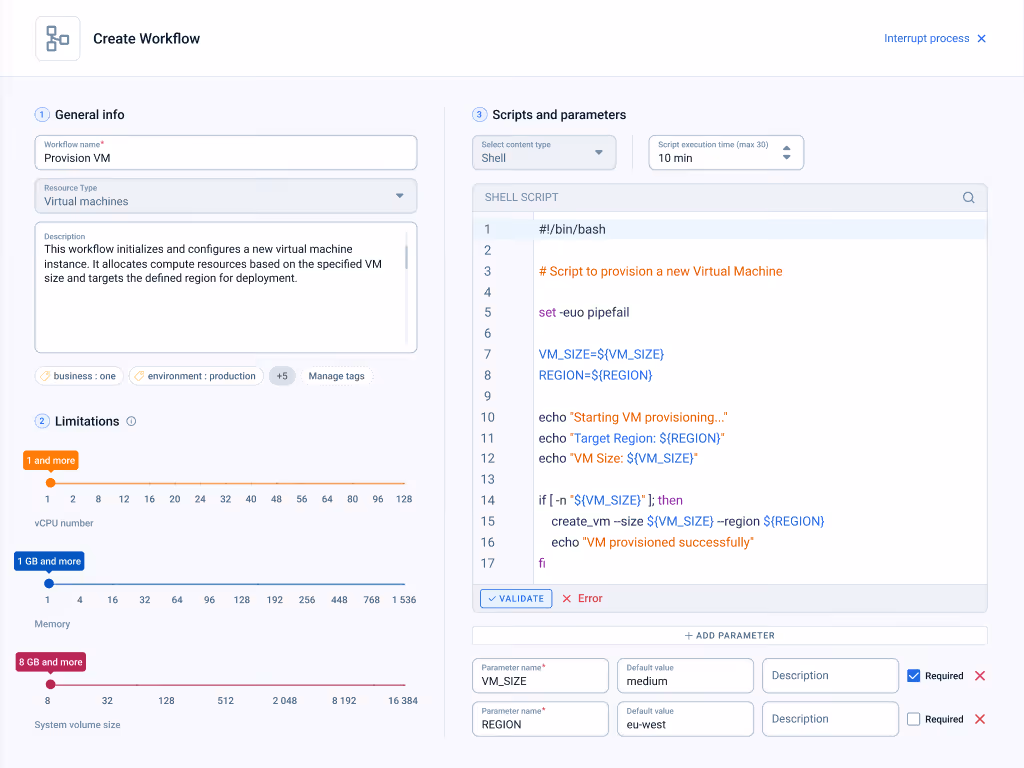 emma VM creation wizard — GPU configuration, provider dropdown, and OS image selector