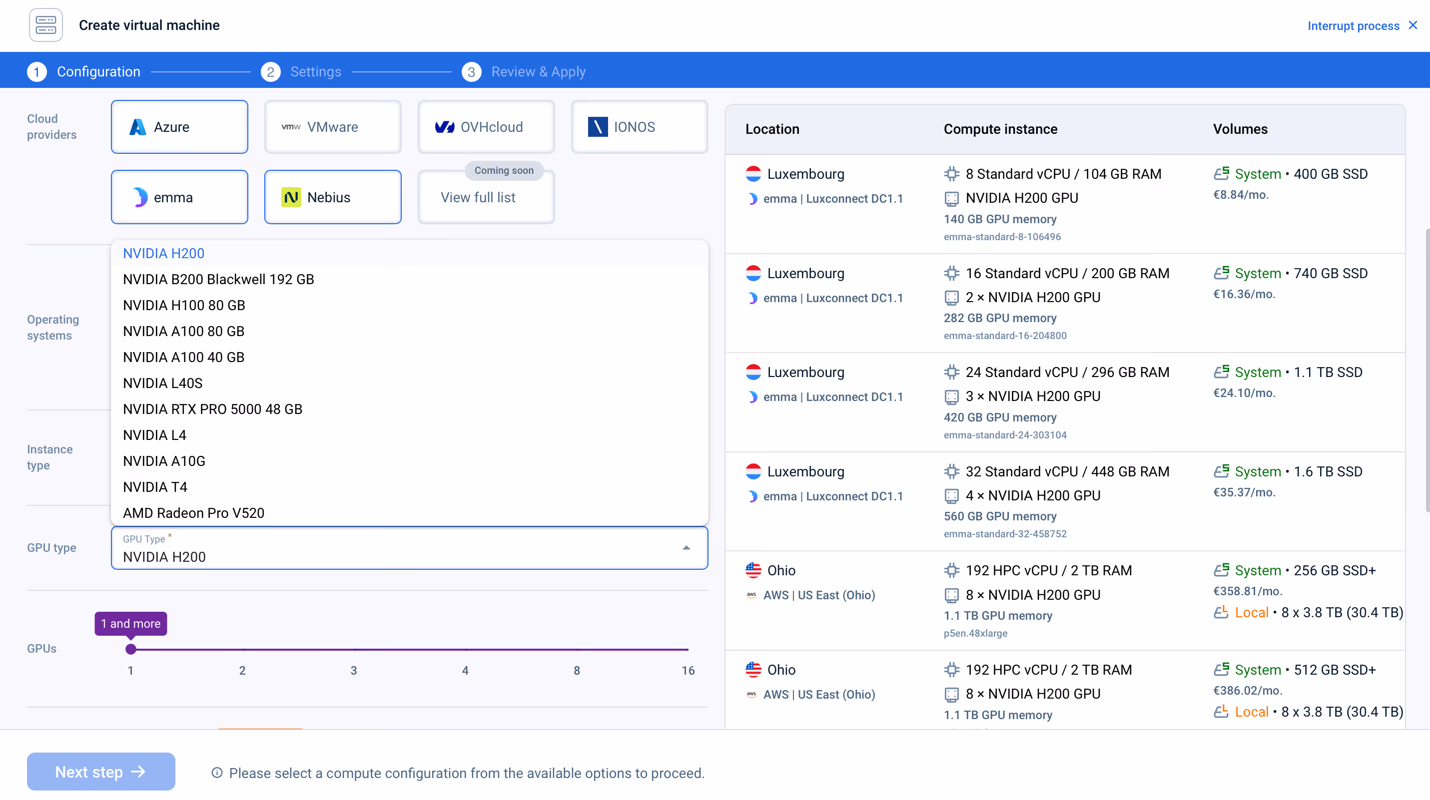 Cross-provider GPU comparison view — instance types, pricing, and availability
