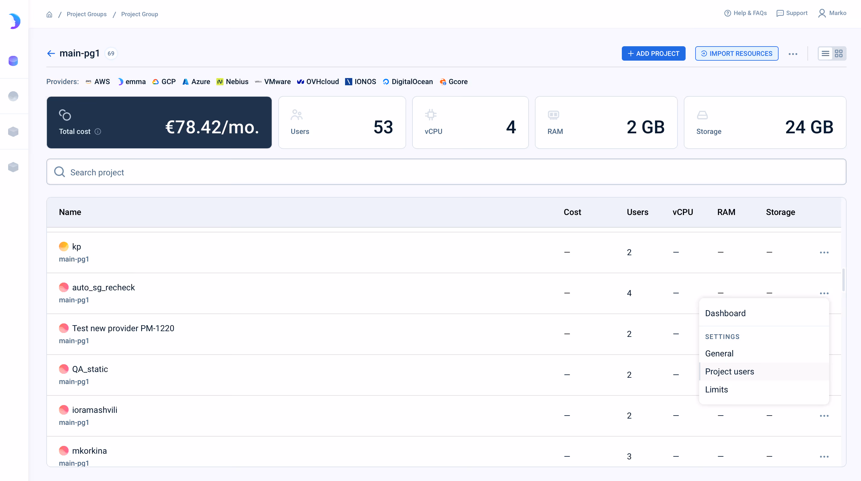 GPU VM in the emma inventory — tags, project, cost attribution visible
