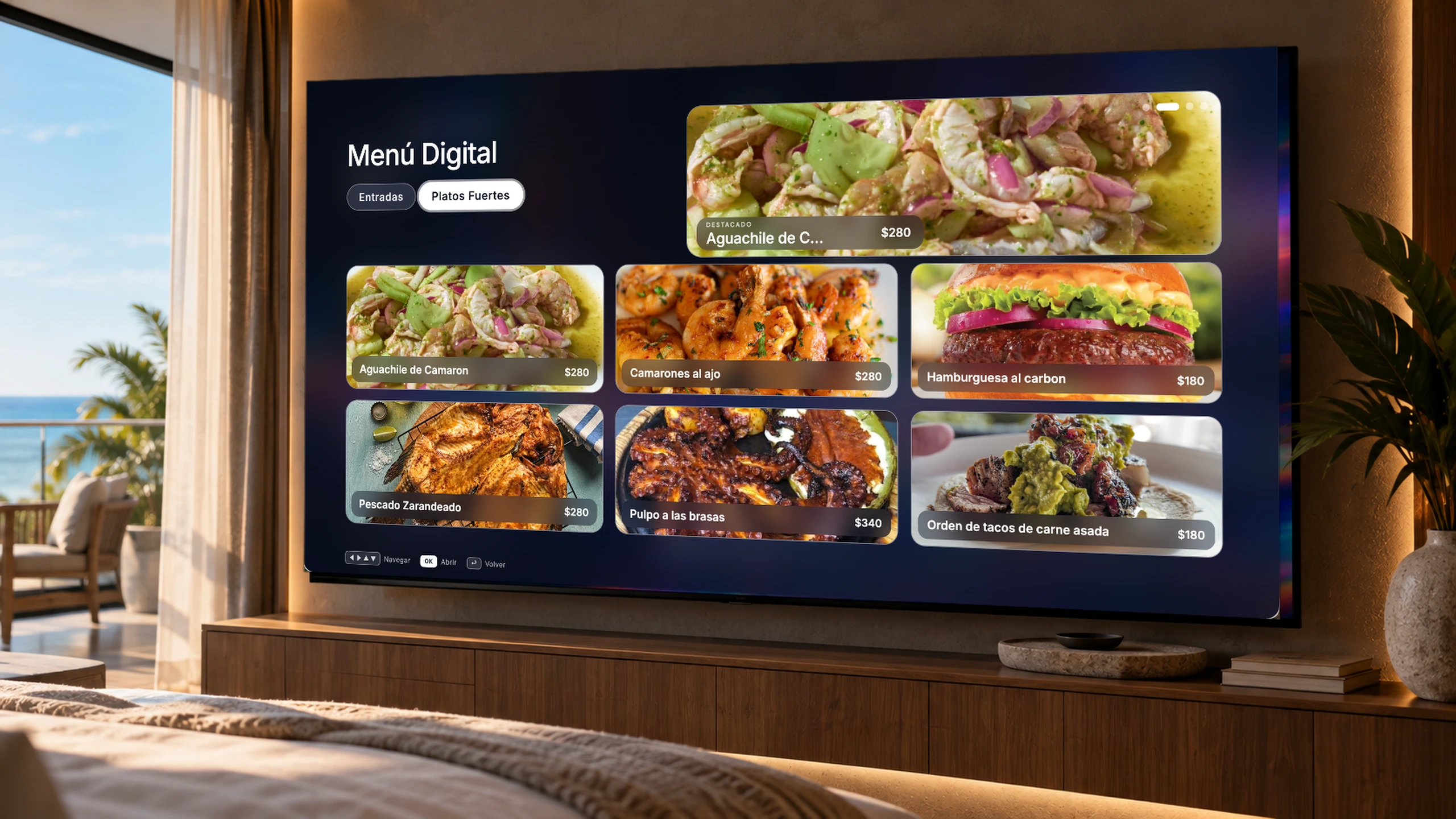 Menú Digital de VIZIONS Hospitality en la televisión de una habitación de hotel