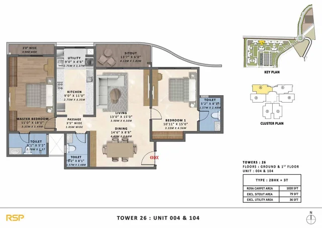 2BHK-3T (1020 sqft) Floor Plan at Tata Varnam