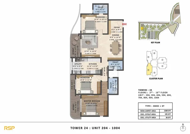 3BHK-3T (1260 sqft) Floor Plan at Tata Varnam