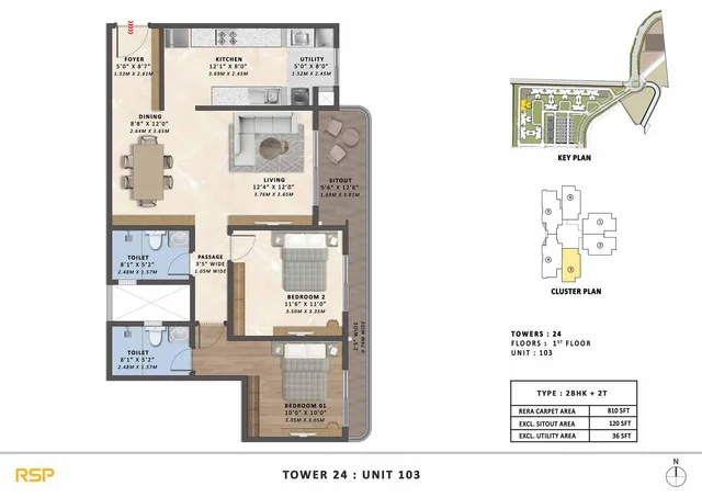 2BHK-2T (810 sqft) Floor Plan at Tata Varnam