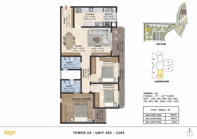 3BHK-2T (992 sqft) Floor Plan at Tata Varnam