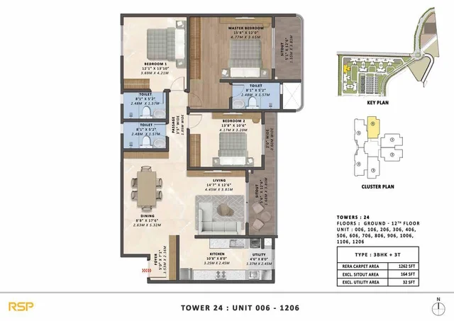3BHK-3T (1262 sqft) Floor Plan at Tata Varnam