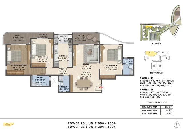 3BHK-3T (1211 sqft) Floor Plan at Tata Varnam